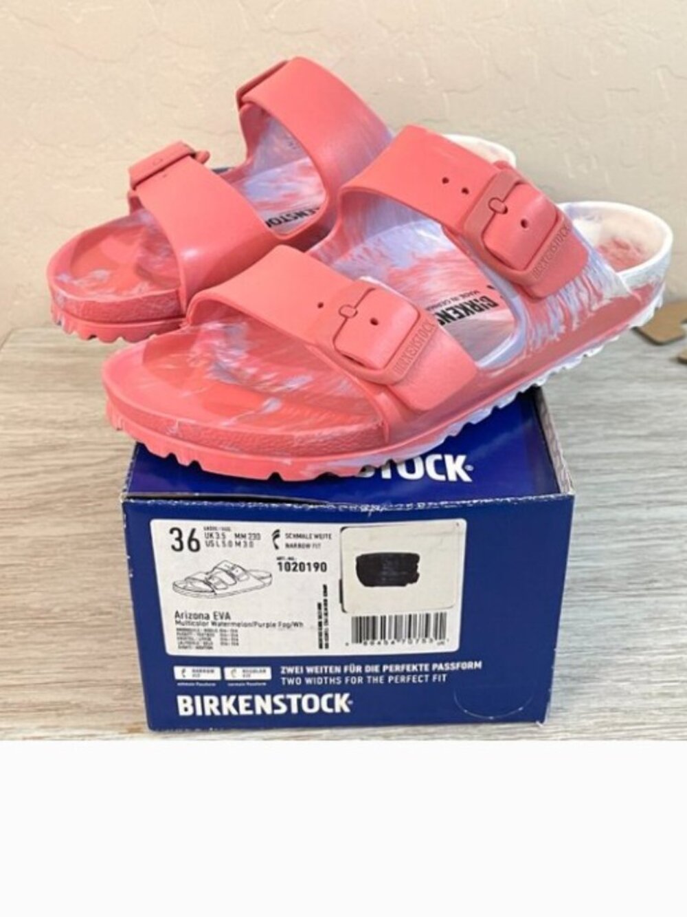 New Birkenstock Sandals Arizona 36 Narrow EVA Multicolor Watermelon Purple Fog